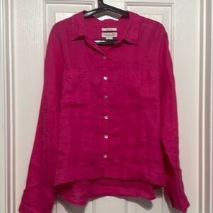 Rachel Zoe Women linen blouse buttoned up long sleeves bright pink size Large
